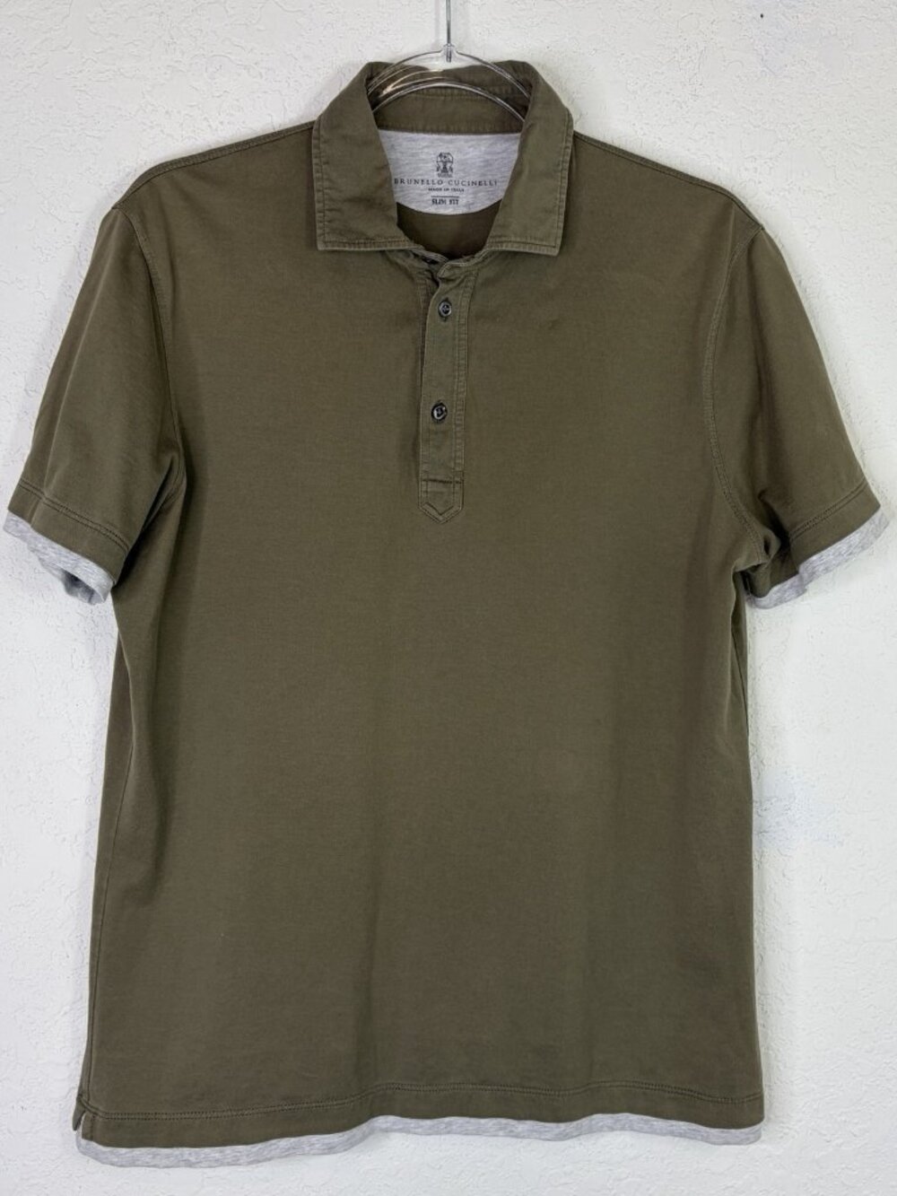 Brunello Cucinelli Olive Green Polo Shirt Slim Fit Size M MEASUREMENTS BELOW